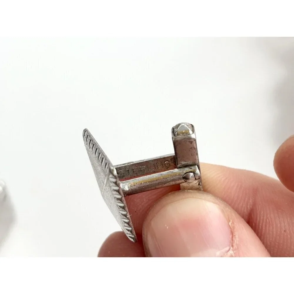 Art Deco Square Shaped Carved Sterling Silver Men's Classic Cuff Links